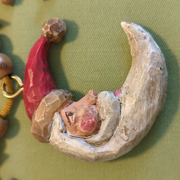 Handmade Vintage Santa Jewelry Set - Wood & Clay on Satin String - Picture 3 of 4